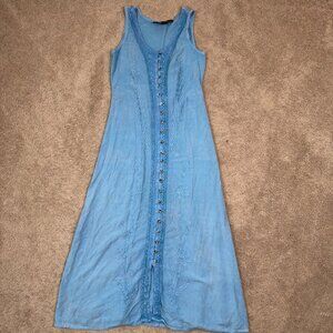 Raya Sun Maxi Dress Womens S Blue Bohemian Embroidered Floral Button Festival